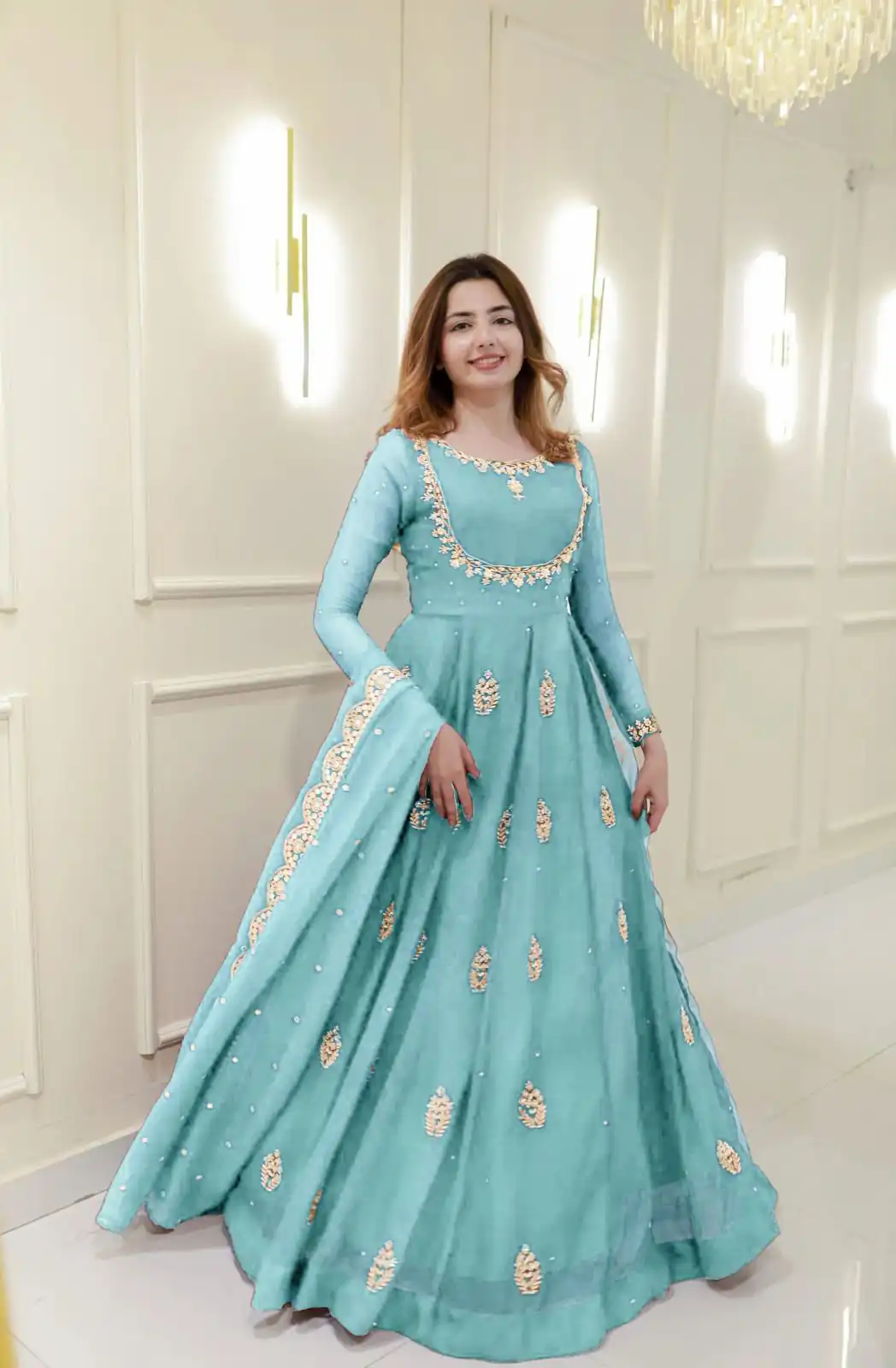 Sky Blue Georgette Embroidery Work Gown - Image 2