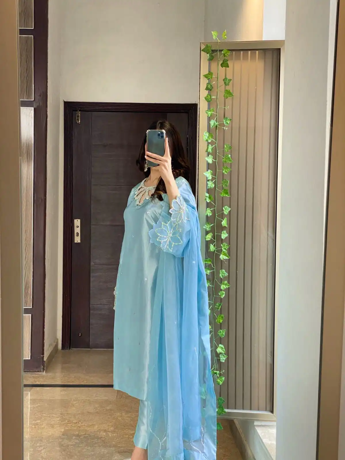 Sky Blue Moss Satin Embroidery Bead Work Salwar Suit - Image 2