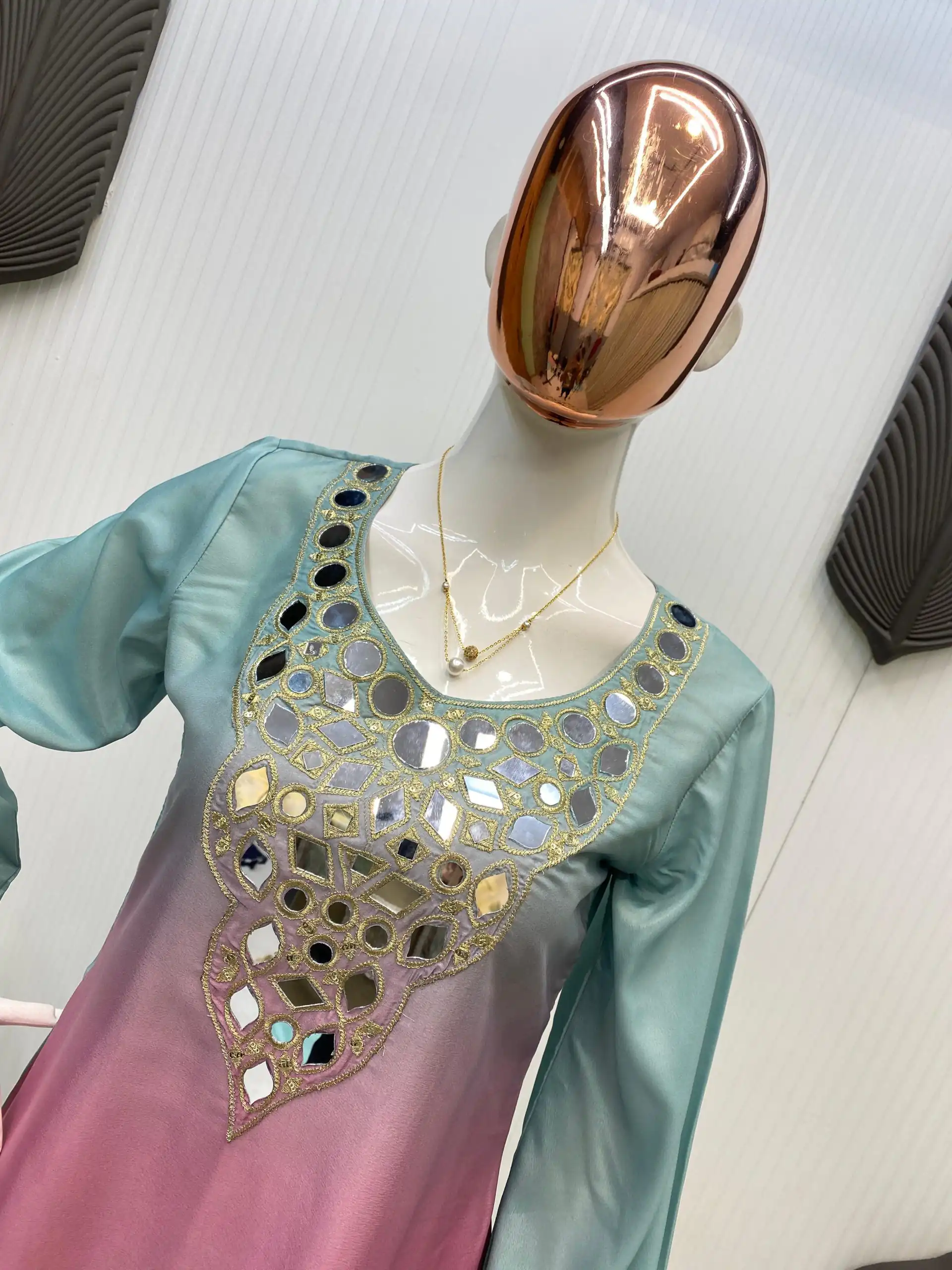 Sky Blue Printed Crape Silk Mirror Work Salwar Suit - Image 5