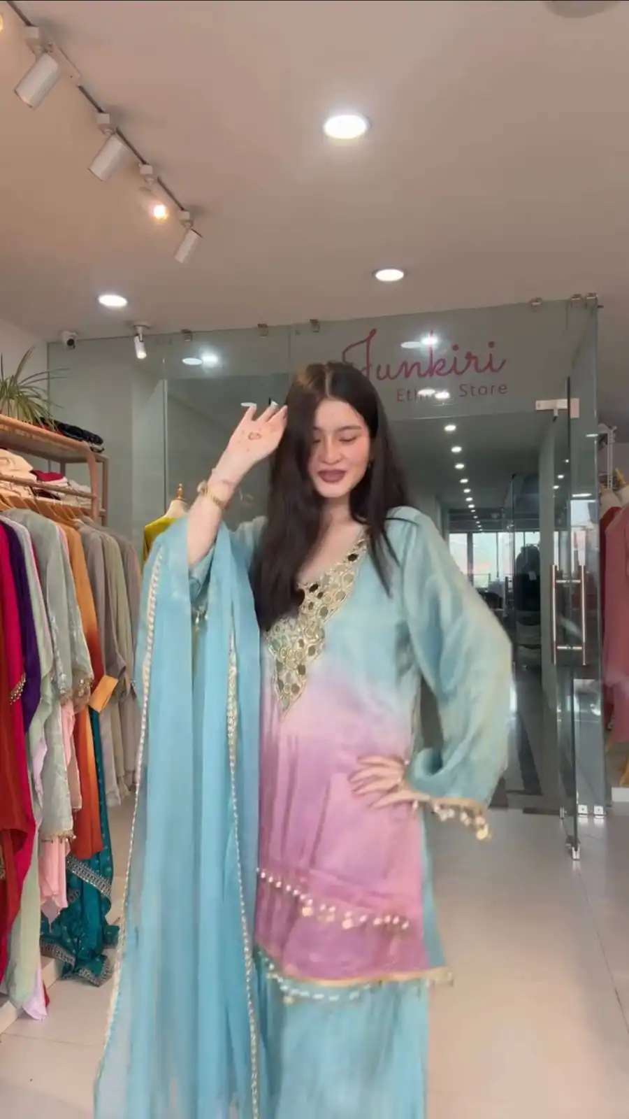 Sky Blue Printed Crape Silk Mirror Work Salwar Suit - Image 4