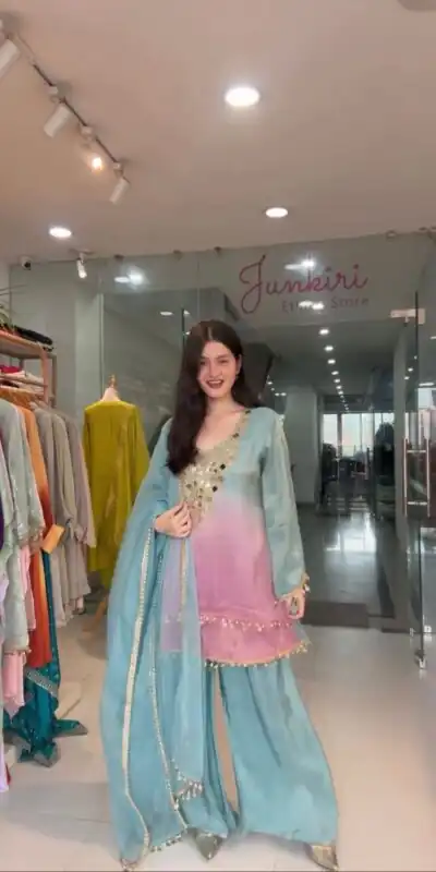 Sky Blue Printed Crape Silk Mirror Work Salwar Suit