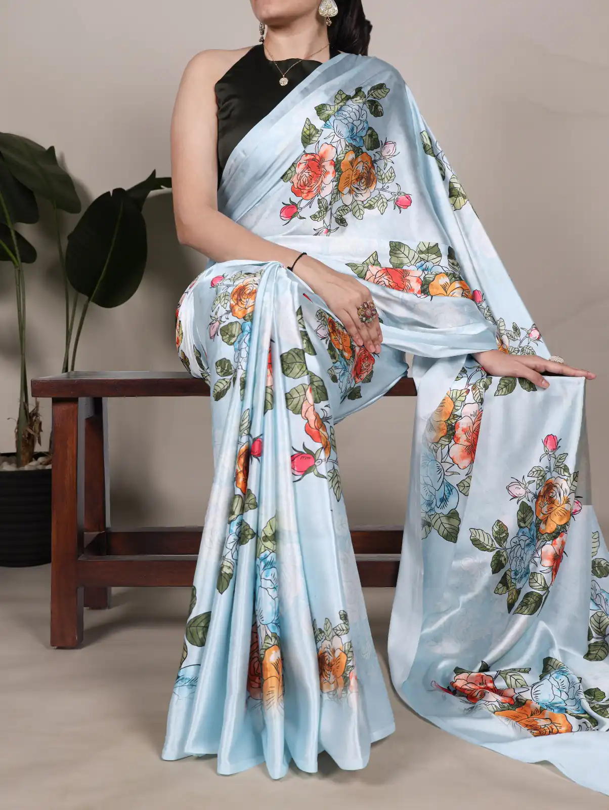 Sky Blue Satin Silk With Floral Printed Saree