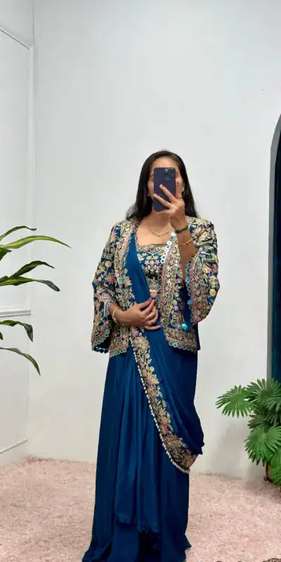 Teal Chinon Embroidery Lace Work Saree