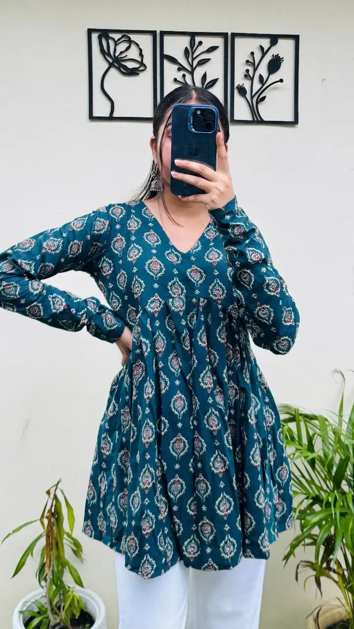 Teal Cotton With Printed Kurti