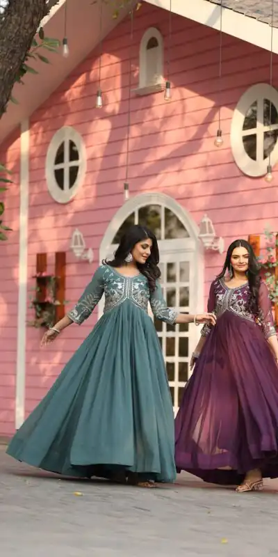 Ram 089 Teal Fox Georgette Gown with Designer Work. Wedding, Party, Festive, Events Introductory Price ₹1749. Delivery 4-6 Working Days. Shop now. | Jump Suits, Salwar suit, Casual Suits, Creative suits, Designer Suits, Palazzo Suits, Party Wear Suits, Patiala Suits, Straight Suits