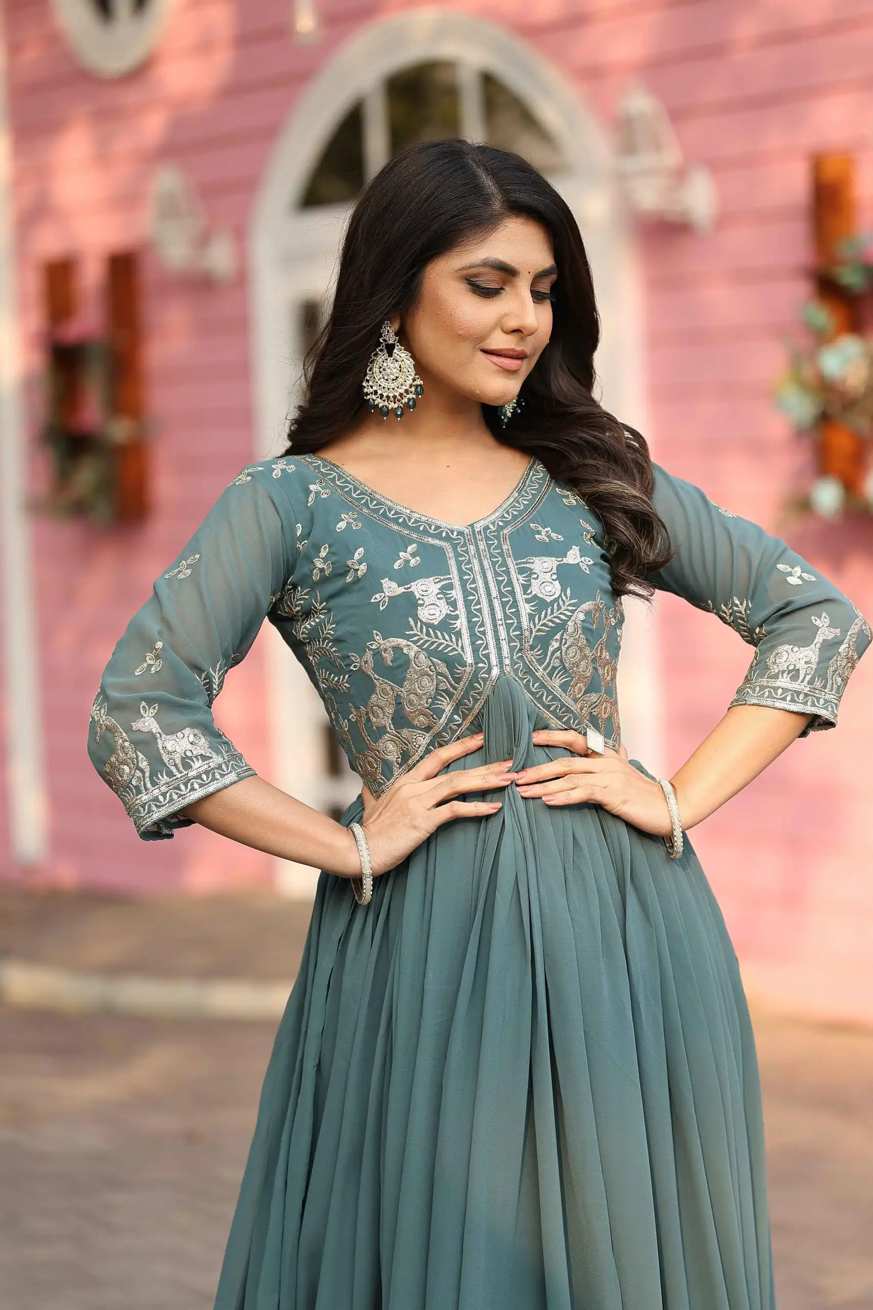 Teal Fox Georgette With Sequence Work Gown - Image 2