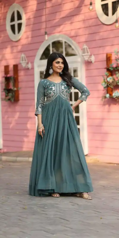 Ram 089 Teal Fox Georgette Gown with Designer Work. Wedding, Party, Festive, Events Introductory Price ₹1749. Delivery 4-6 Working Days. Shop now. | Jump Suits, Salwar suit, Casual Suits, Creative suits, Designer Suits, Palazzo Suits, Party Wear Suits, Patiala Suits, Straight Suits
