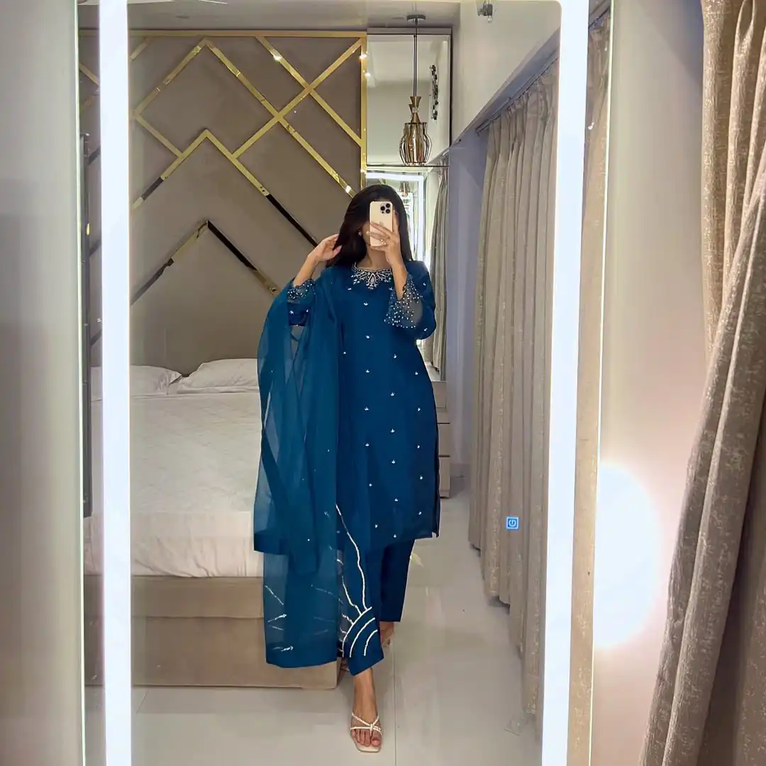 Teal Moss Satin Embroidery Bead Work Salwar Suit - Image 3