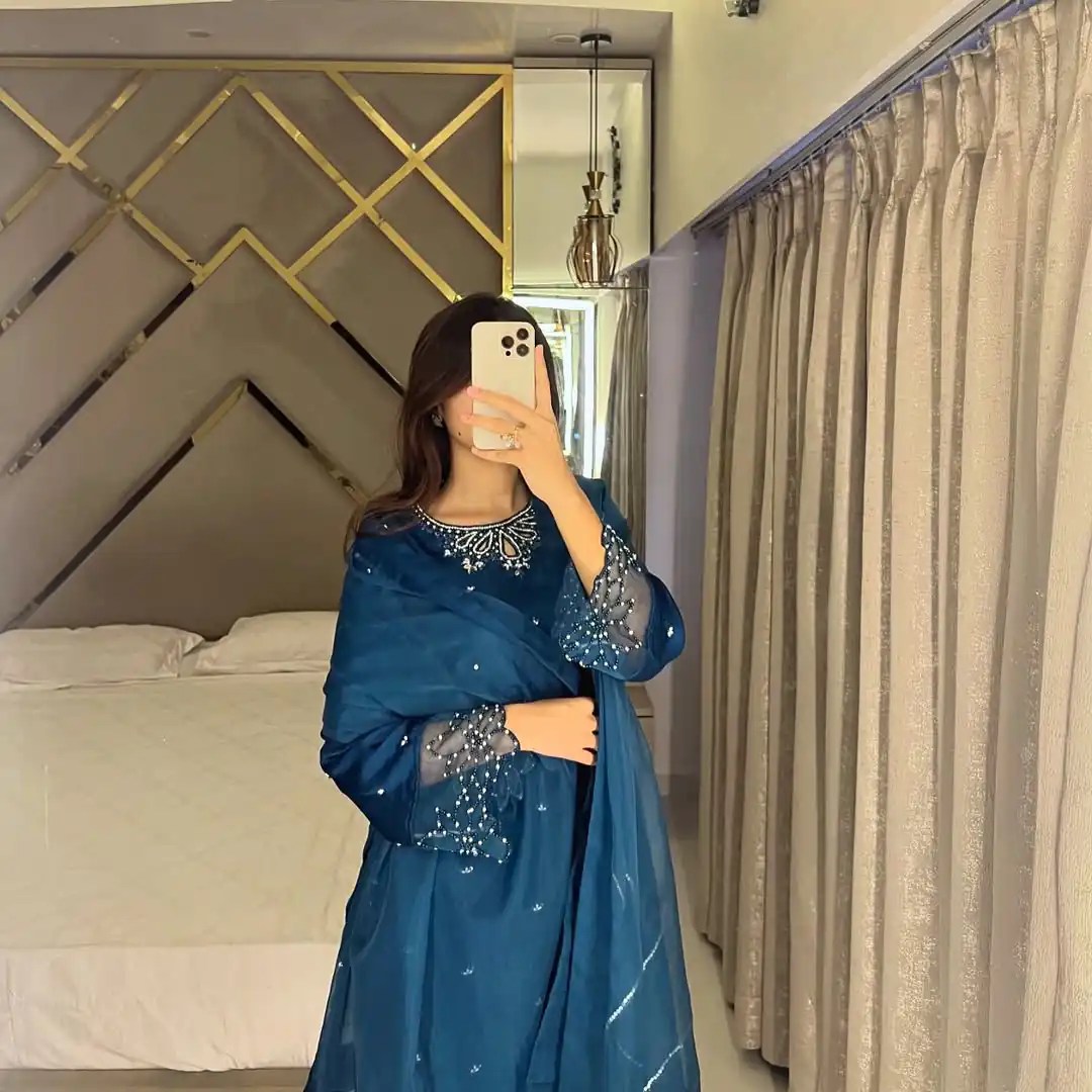 Teal Moss Satin Embroidery Bead Work Salwar Suit - Image 2