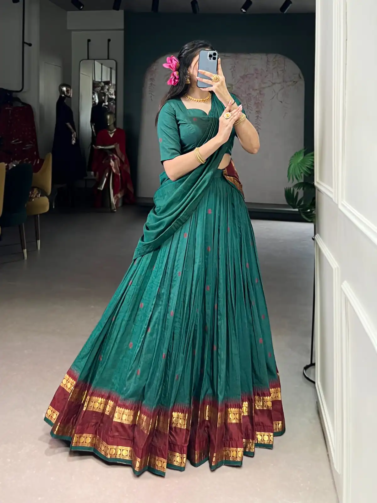 Teal Pure Chanderi Zari Work Lehenga Choli - Image 3