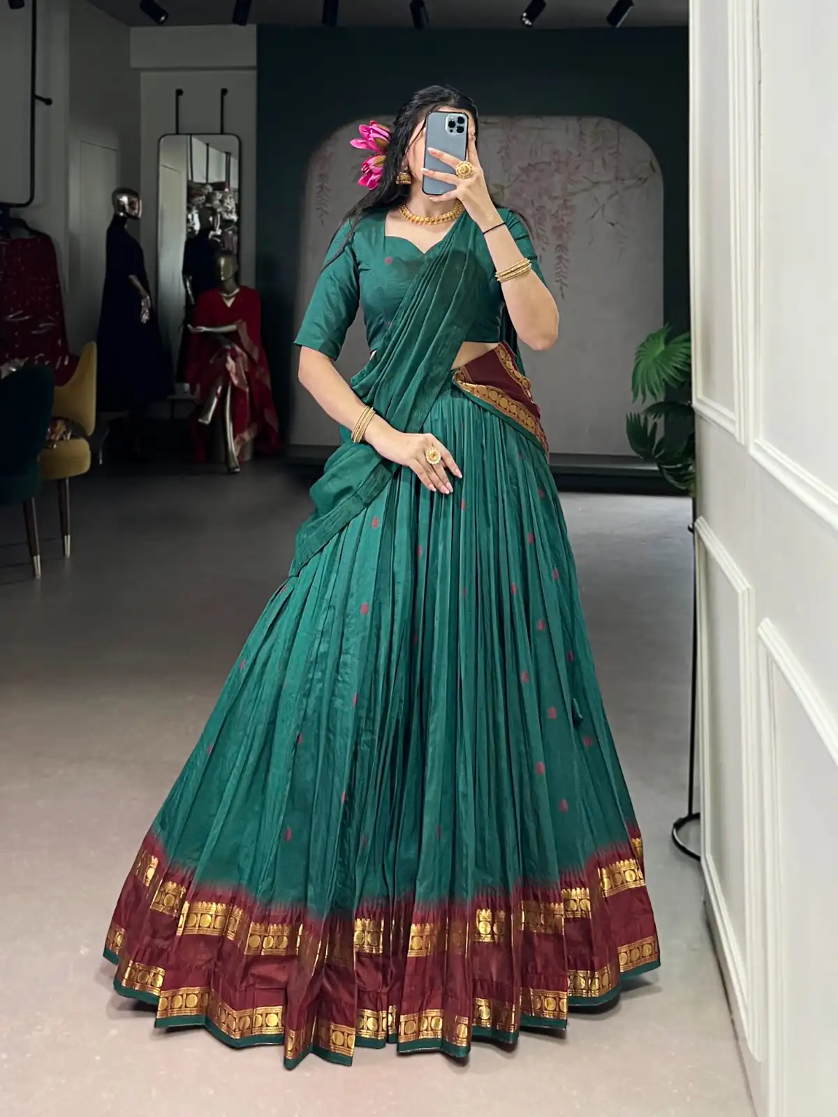 Teal Pure Chanderi Zari Work Lehenga Choli