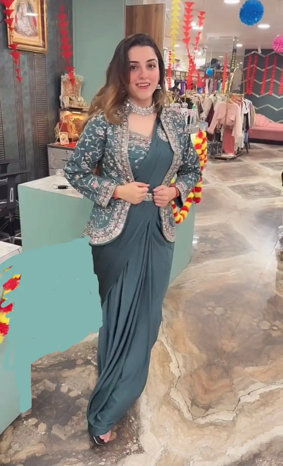 Teal Rangoli Silk Embroidery Work Saree