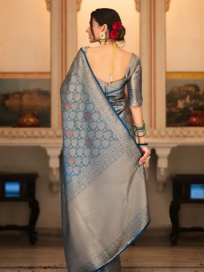 Teal Soft Lichi With Jacquard Work Silk Saree - Image 4