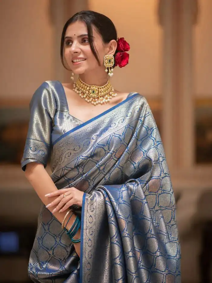 Teal Soft Lichi With Jacquard Work Silk Saree - Image 3