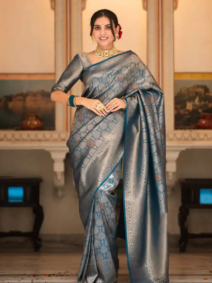 Teal Soft Lichi With Jacquard Work Silk Saree - Image 2