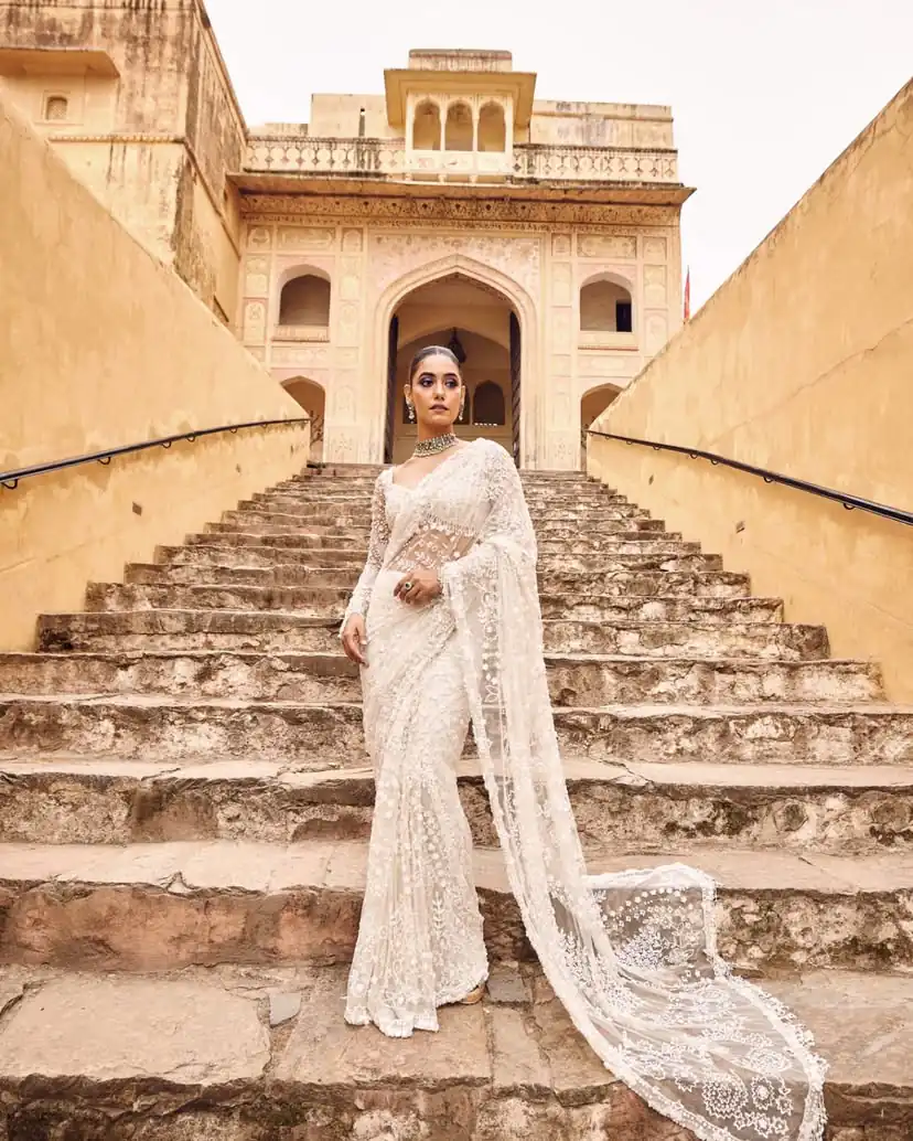 White Butterfly Net With Sequins Work Saree - Image 3