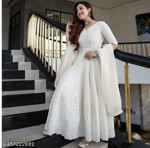 White Cotton Chikan Sevens Lace Work Gown - Image 3
