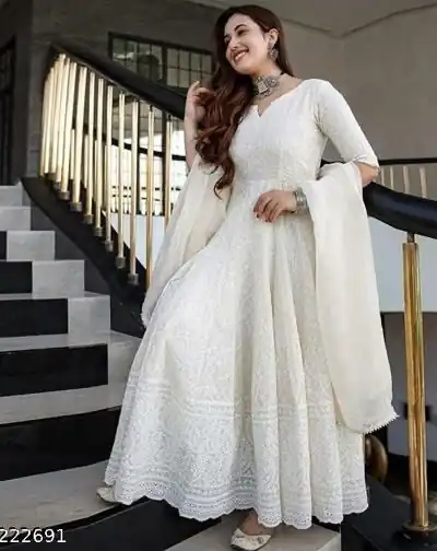 MF 511 White Cotton with Lace Work Gown . Wedding, Party, Festive, Events, Affordable Price ₹1549. Delivery 4-6 Working Days. Shop now. | Gowns, Bollywood Gowns, Creative Gowns, Designer Gowns, Embroidered Gowns, Party Wear Gowns