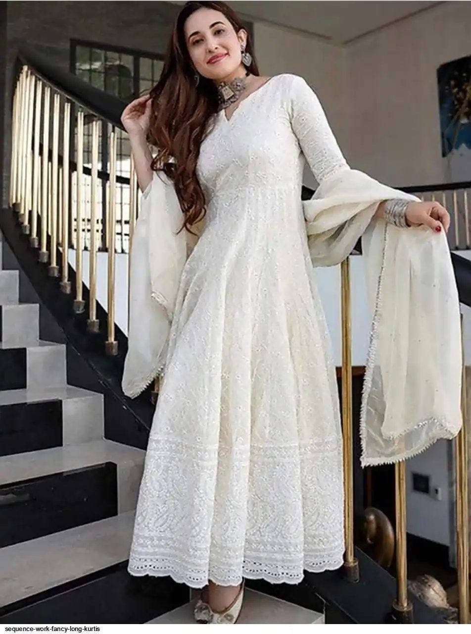 White Cotton Chikan Sevens Lace Work Gown - Image 2