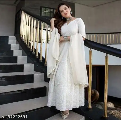 White Cotton Chikan Sevens Lace Work Gown