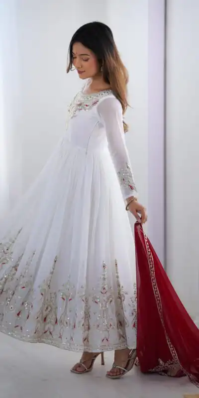 ZF 5008 White Georgette Gown with Embroidery Work. Wedding, Party, Festive, Events, Special Price ₹2049. Delivery 4-6 Working Days. Shop now. | Jump Suits, Salwar suit, Casual Suits, Creative suits, Designer Suits, Palazzo Suits, Party Wear Suits, Patiala Suits, Straight Suits