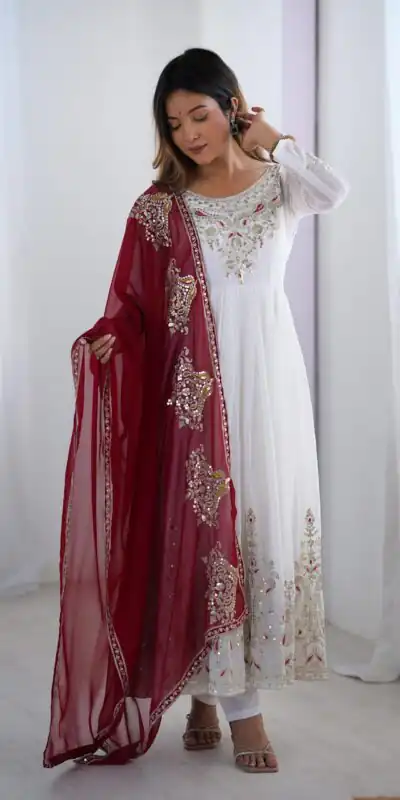 ZF 5008 White Georgette Gown with Embroidery Work. Wedding, Party, Festive, Events, Special Price ₹2049. Delivery 4-6 Working Days. Shop now. | Jump Suits, Salwar suit, Casual Suits, Creative suits, Designer Suits, Palazzo Suits, Party Wear Suits, Patiala Suits, Straight Suits