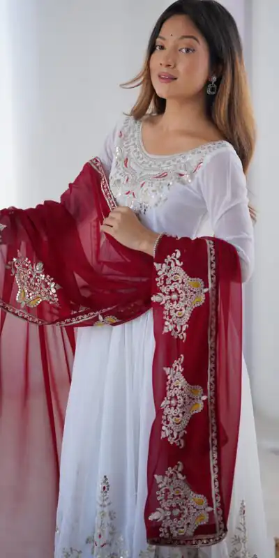 ZF 5008 White Georgette Gown with Embroidery Work. Wedding, Party, Festive, Events, Special Price ₹2049. Delivery 4-6 Working Days. Shop now. | Jump Suits, Salwar suit, Casual Suits, Creative suits, Designer Suits, Palazzo Suits, Party Wear Suits, Patiala Suits, Straight Suits