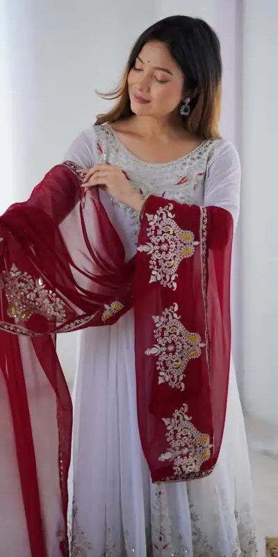 ZF 5008 White Georgette Gown with Embroidery Work. Wedding, Party, Festive, Events, Special Price ₹2049. Delivery 4-6 Working Days. Shop now. | Jump Suits, Salwar suit, Casual Suits, Creative suits, Designer Suits, Palazzo Suits, Party Wear Suits, Patiala Suits, Straight Suits