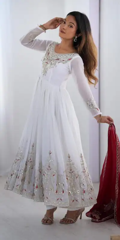 ZF 5008 White Georgette Gown with Embroidery Work. Wedding, Party, Festive, Events, Special Price ₹2049. Delivery 4-6 Working Days. Shop now. | Jump Suits, Salwar suit, Casual Suits, Creative suits, Designer Suits, Palazzo Suits, Party Wear Suits, Patiala Suits, Straight Suits