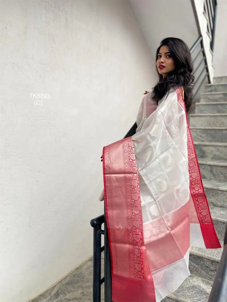 White Soft Lichi Silk Lace Work Lace Border Saree - Image 3