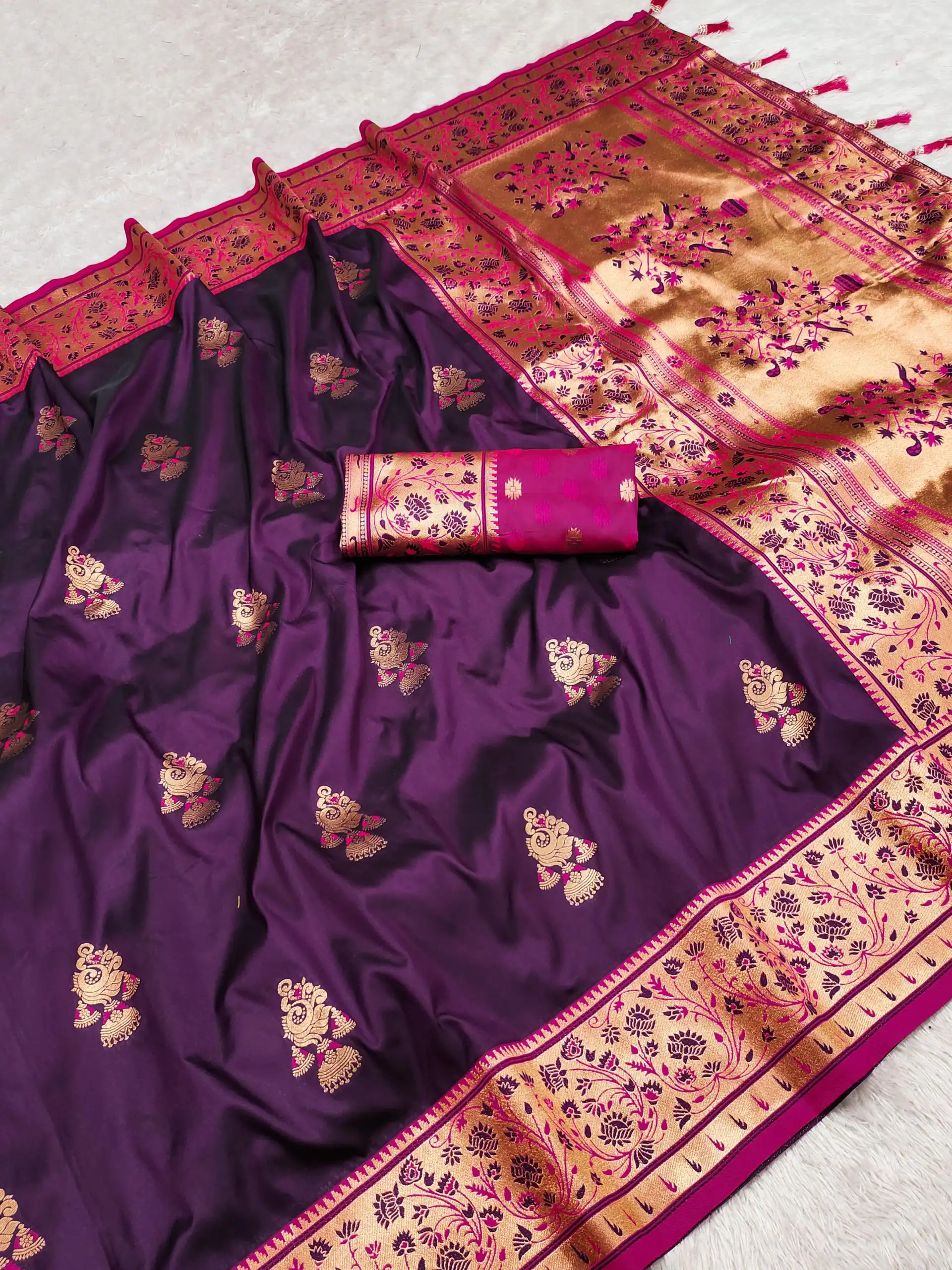 Wine Banarasi Silk Lace Work Zari Work Saree