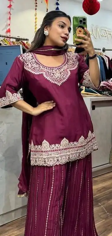 Wine Chinnon Silk Lace Embroidery Work Salwar Suit