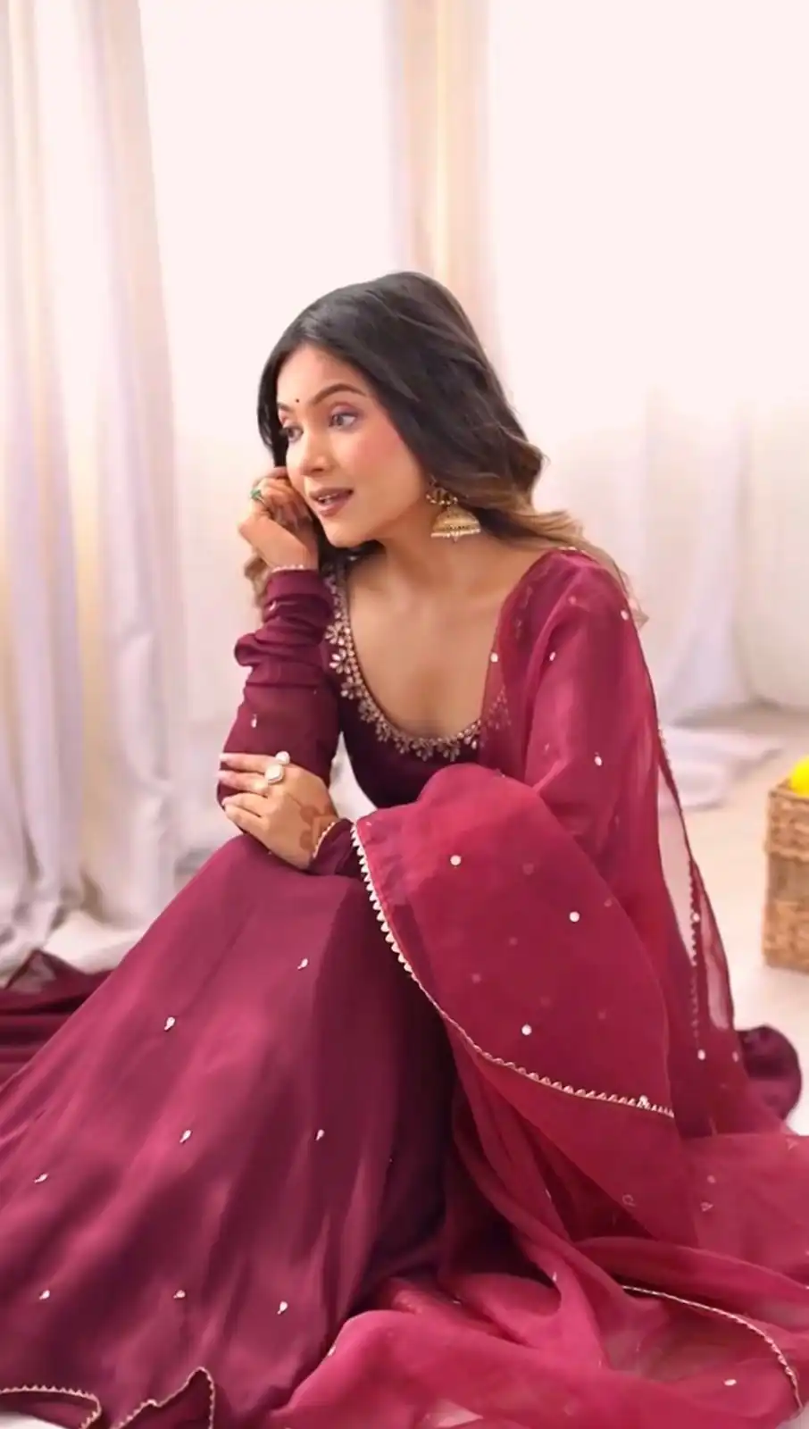 Wine Fox Georgette Embroidery Bead Work Gown - Image 8