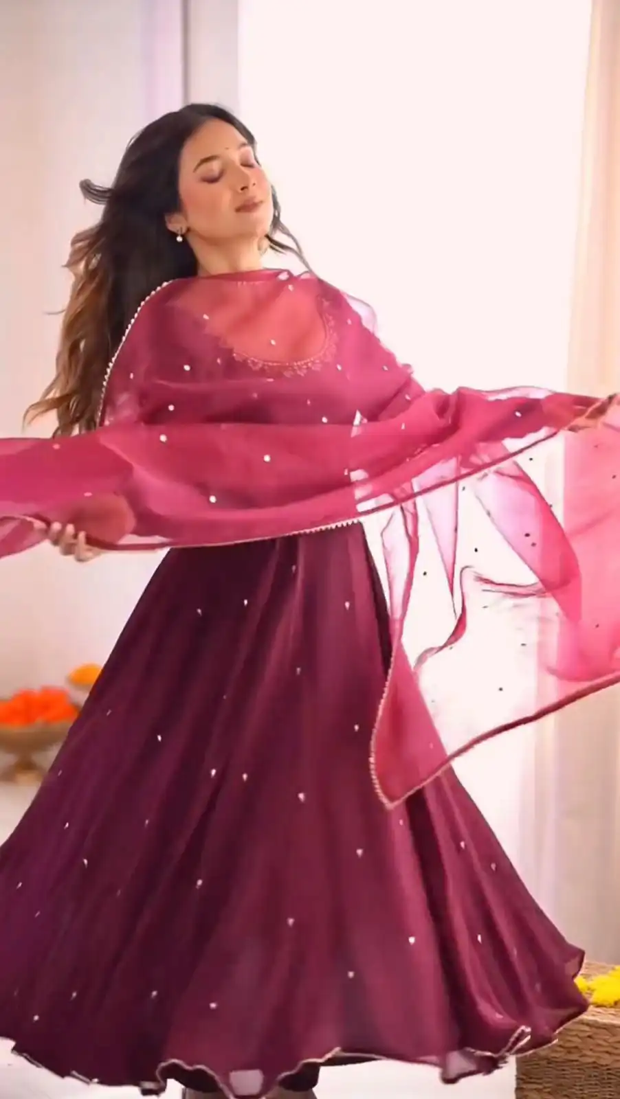 Wine Fox Georgette Embroidery Bead Work Gown - Image 4