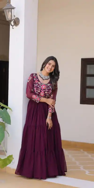 Ram 082 Wine Fox Georgette Gown Perfect for Wedding, Party, Sangeet, Durga Puja, Reception – . Grab it for ₹1849. Delivery 4-6 Working Days. Shop now. | Jump Suits, Salwar suit, Casual Suits, Creative suits, Designer Suits, Palazzo Suits, Party Wear Suits, Patiala Suits, Straight Suits