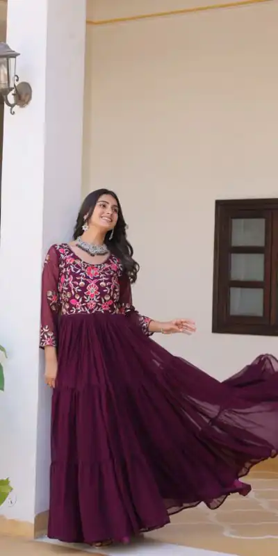 Ram 082 Wine Fox Georgette Gown Perfect for Wedding, Party, Sangeet, Durga Puja, Reception – . Grab it for ₹1849. Delivery 4-6 Working Days. Shop now. | Jump Suits, Salwar suit, Casual Suits, Creative suits, Designer Suits, Palazzo Suits, Party Wear Suits, Patiala Suits, Straight Suits