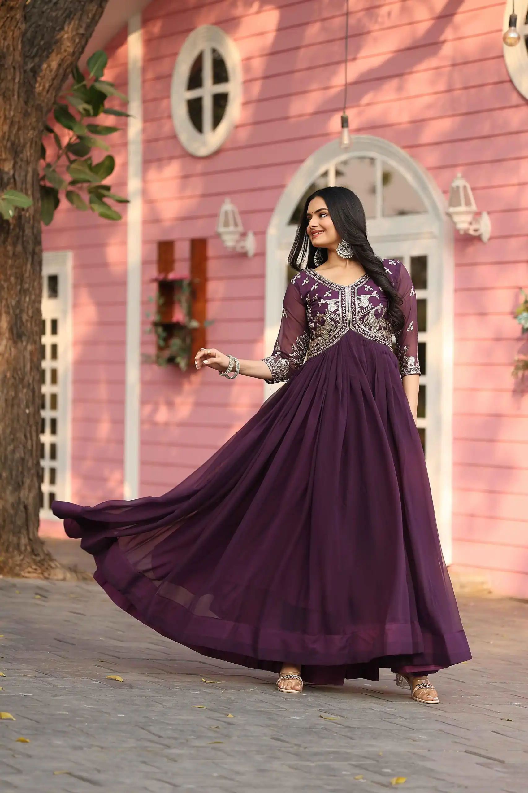 Ram 089 Wine Fox Georgette Gown with Designer Work. Wedding, Party, Festive, Events Introductory Price ₹1749. Delivery 4-6 Working Days. Shop now. | Jump Suits, Salwar suit, Casual Suits, Creative suits, Designer Suits, Palazzo Suits, Party Wear Suits, Patiala Suits, Straight Suits