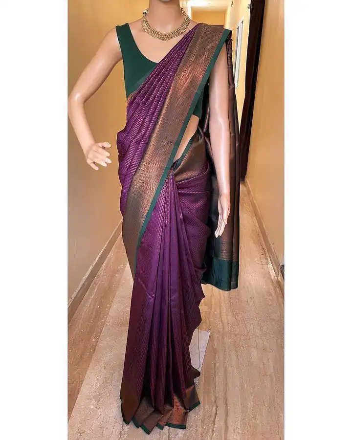 Wine Lichi Silk Jacquard Border Lace Work Saree