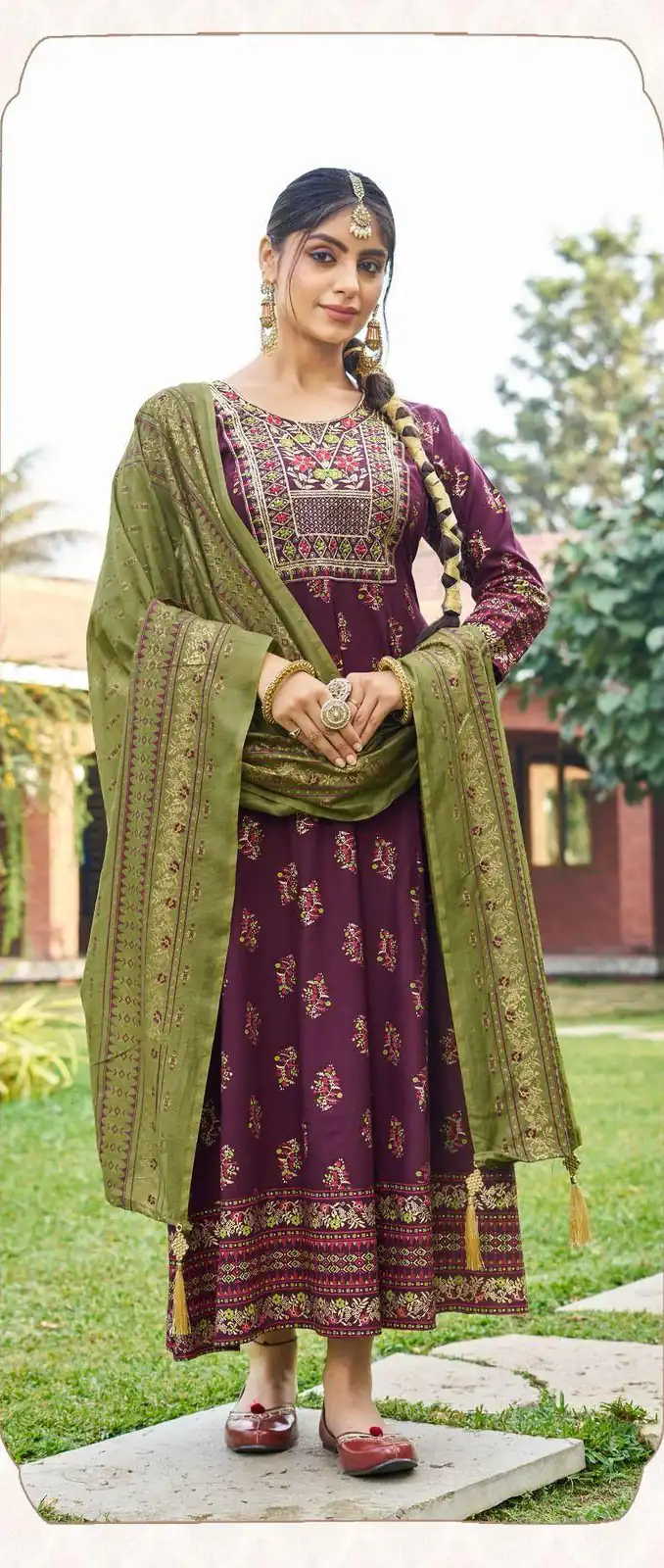 Wine Rayon Embroidery Work Gown