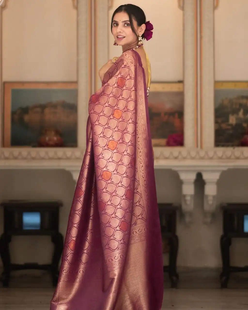 Wine Soft Lichi With Jacquard Work Silk Saree - Image 3