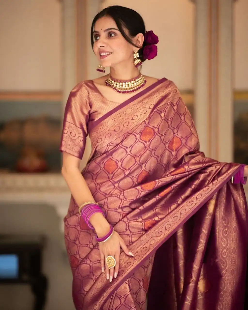 Wine Soft Lichi With Jacquard Work Silk Saree - Image 2