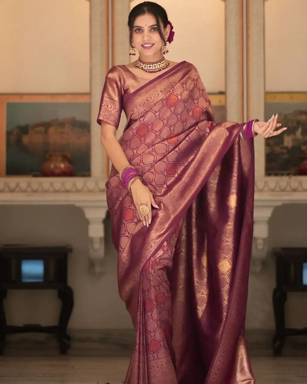 Wine Soft Lichi With Jacquard Work Silk Saree