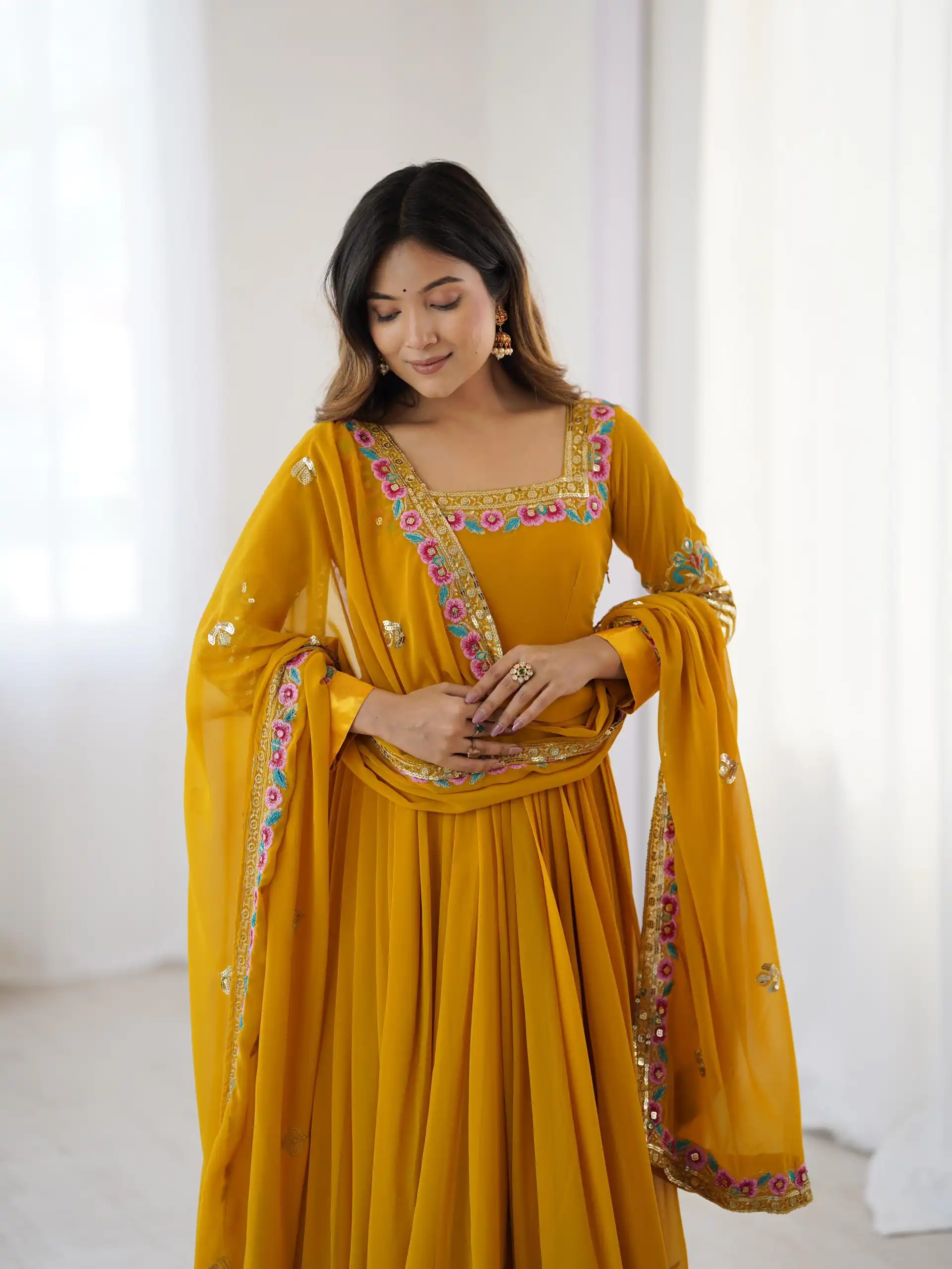 Yellow Georgette Multi Thread Work Gown - Image 6