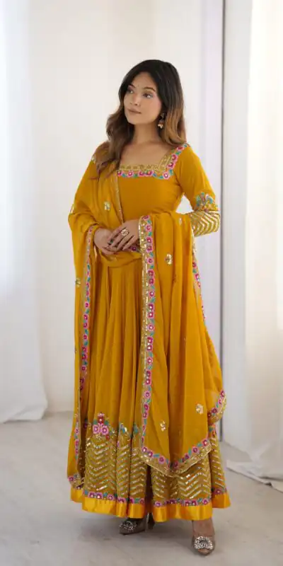ZF 5010 Yellow Georgette Gown Perfect for Wedding, Party, Pooja, Ethnic Day, Karwa Chauth – . Best Price ₹2049. Delivery 4-6 Working Days. Shop now. | Jump Suits, Salwar suit, Casual Suits, Creative suits, Designer Suits, Palazzo Suits, Party Wear Suits, Patiala Suits, Straight Suits