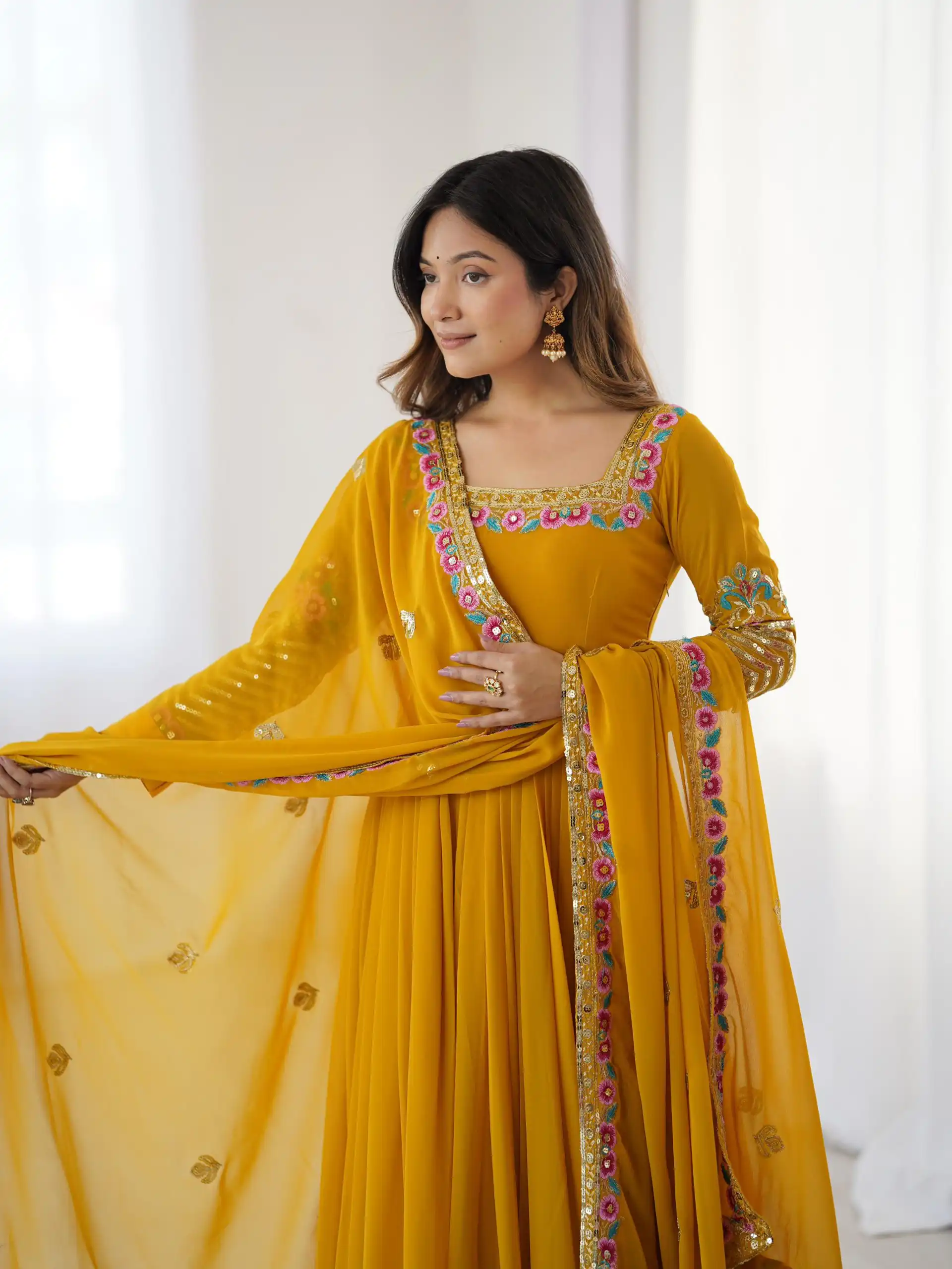 Yellow Georgette Multi Thread Work Gown - Image 5