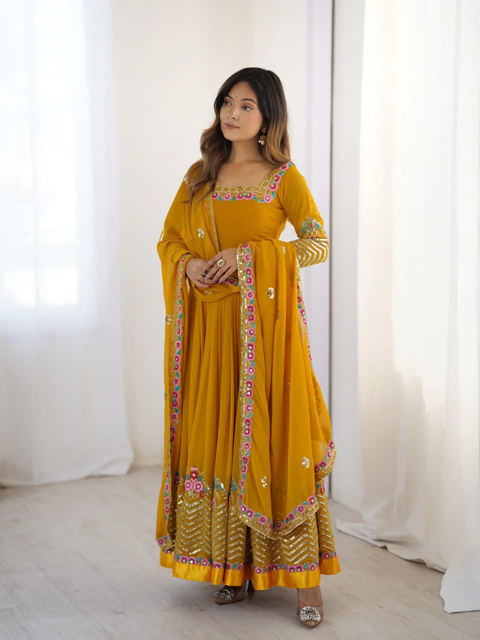 ZF 5010 Yellow Georgette Gown Perfect for Wedding, Party, Pooja, Ethnic Day, Karwa Chauth – . Best Price ₹2049. Delivery 4-6 Working Days. Shop now. | Jump Suits, Salwar suit, Casual Suits, Creative suits, Designer Suits, Palazzo Suits, Party Wear Suits, Patiala Suits, Straight Suits