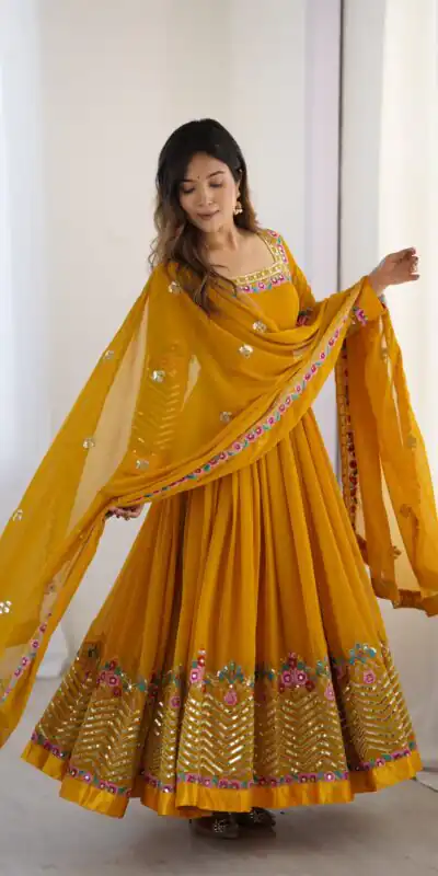 ZF 5010 Yellow Georgette Gown Perfect for Wedding, Party, Pooja, Ethnic Day, Karwa Chauth – . Best Price ₹2049. Delivery 4-6 Working Days. Shop now. | Jump Suits, Salwar suit, Casual Suits, Creative suits, Designer Suits, Palazzo Suits, Party Wear Suits, Patiala Suits, Straight Suits