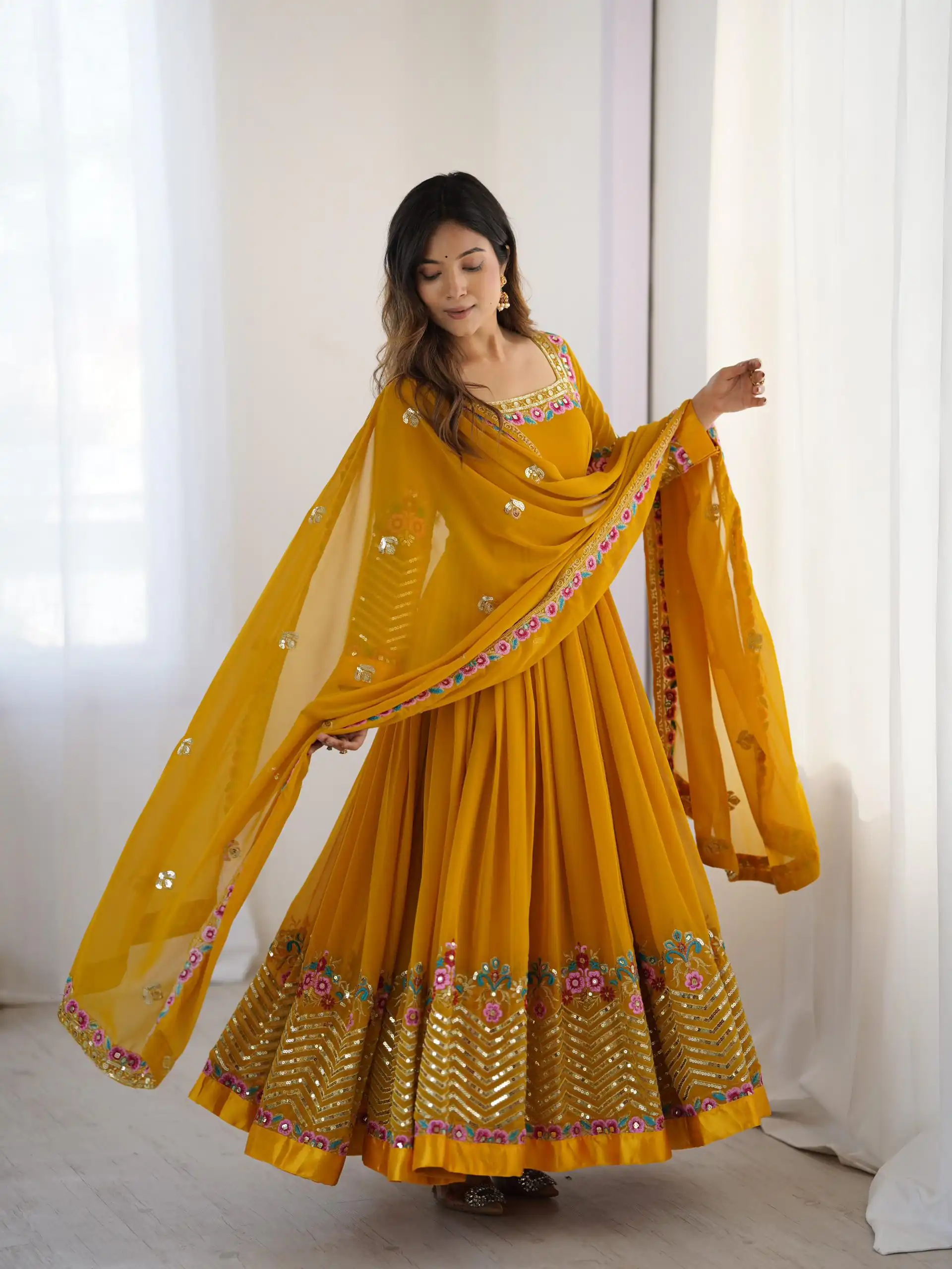 ZF 5010 Yellow Georgette Gown Perfect for Wedding, Party, Pooja, Ethnic Day, Karwa Chauth – . Best Price ₹2049. Delivery 4-6 Working Days. Shop now. | Jump Suits, Salwar suit, Casual Suits, Creative suits, Designer Suits, Palazzo Suits, Party Wear Suits, Patiala Suits, Straight Suits