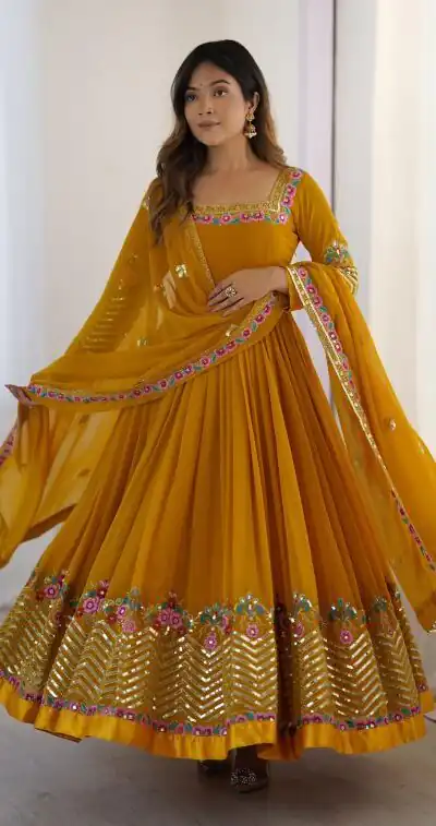 ZF 5010 Yellow Georgette Gown Perfect for Wedding, Party, Pooja, Ethnic Day, Karwa Chauth – . Best Price ₹2049. Delivery 4-6 Working Days. Shop now. | Jump Suits, Salwar suit, Casual Suits, Creative suits, Designer Suits, Palazzo Suits, Party Wear Suits, Patiala Suits, Straight Suits