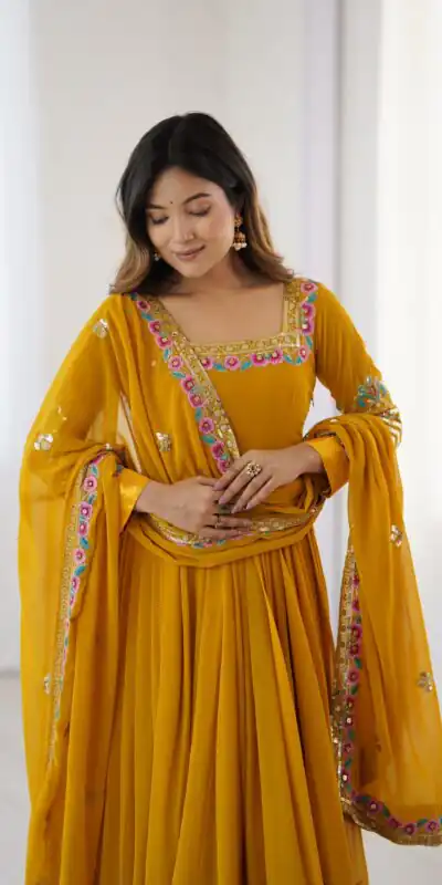 ZF 5010 Yellow Georgette Gown Perfect for Wedding, Party, Pooja, Ethnic Day, Karwa Chauth – . Best Price ₹2049. Delivery 4-6 Working Days. Shop now. | Jump Suits, Salwar suit, Casual Suits, Creative suits, Designer Suits, Palazzo Suits, Party Wear Suits, Patiala Suits, Straight Suits
